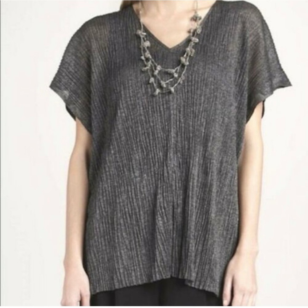 Eileen Fisher Pressed Viscose Linear Crinkle V Neck Short Sleeve Boxy Tunic Med